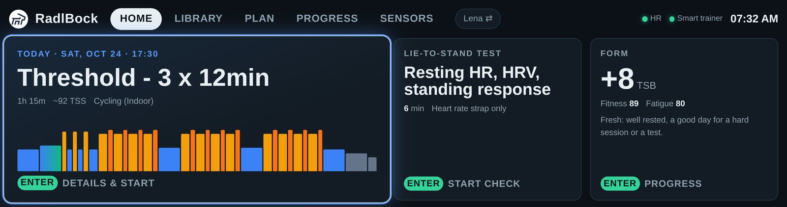 Startbildschirm der Desktop-App: heutige Einheit mit Intervallprofil, Liegen-Stehen-Test und Tagesform